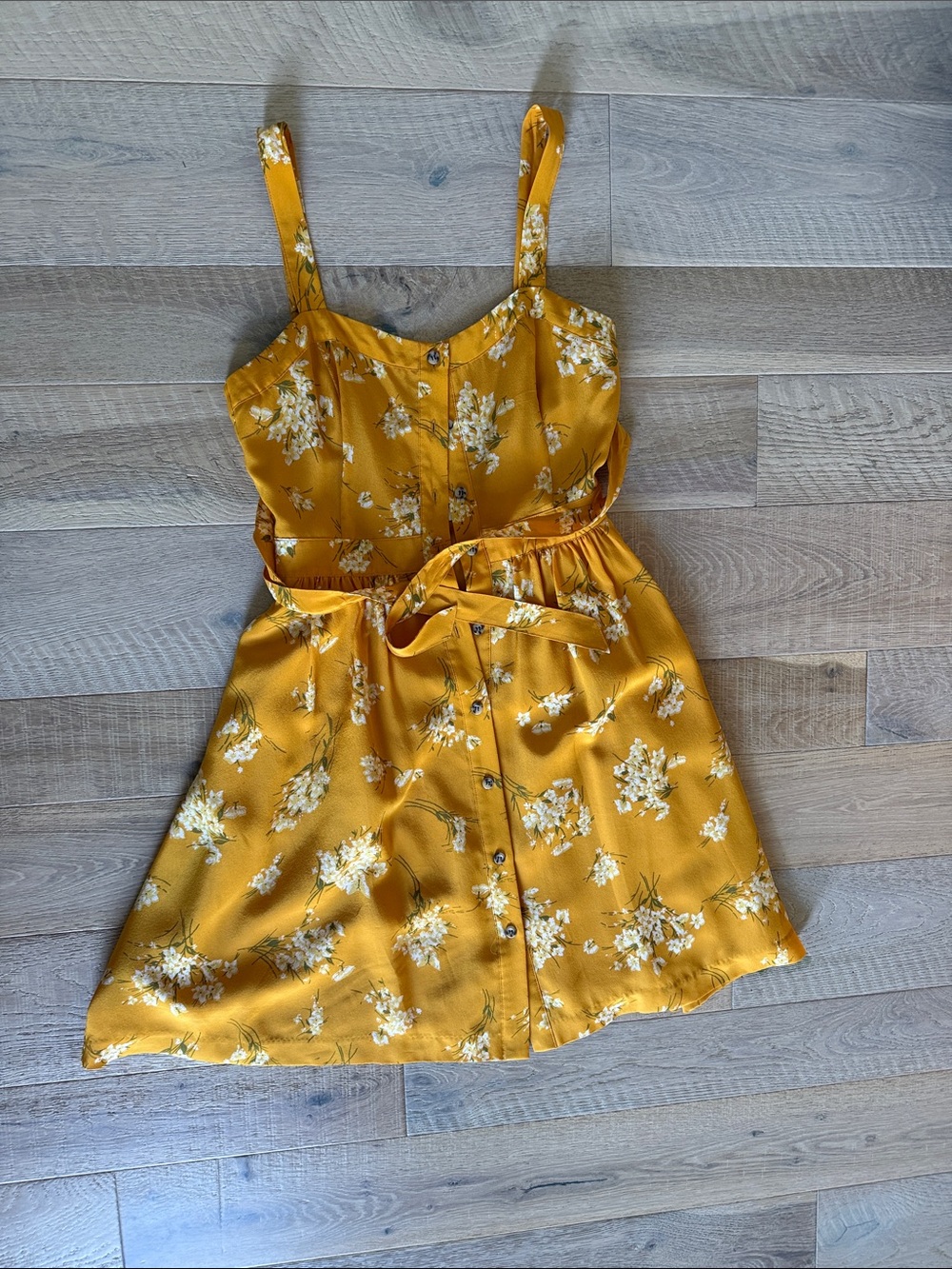 Sunny Mustard Floral Button-Front Sundress for Girls with Waist Tie